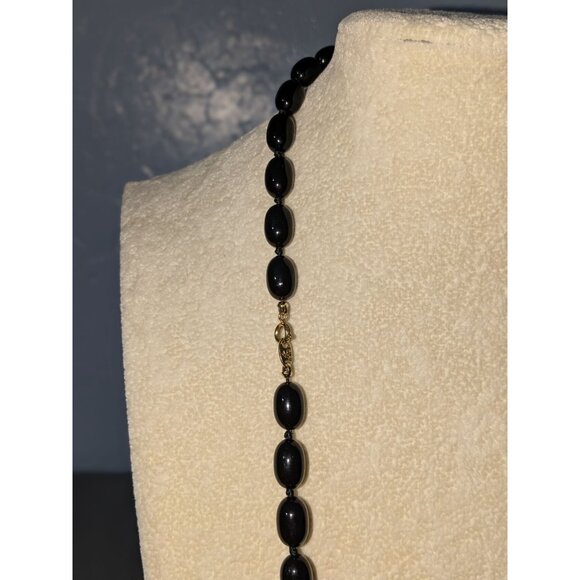 Elegant Black Beaded Necklace Trifari Individually Knotted With Gold-Tone Clasp - Picture 2 of 6